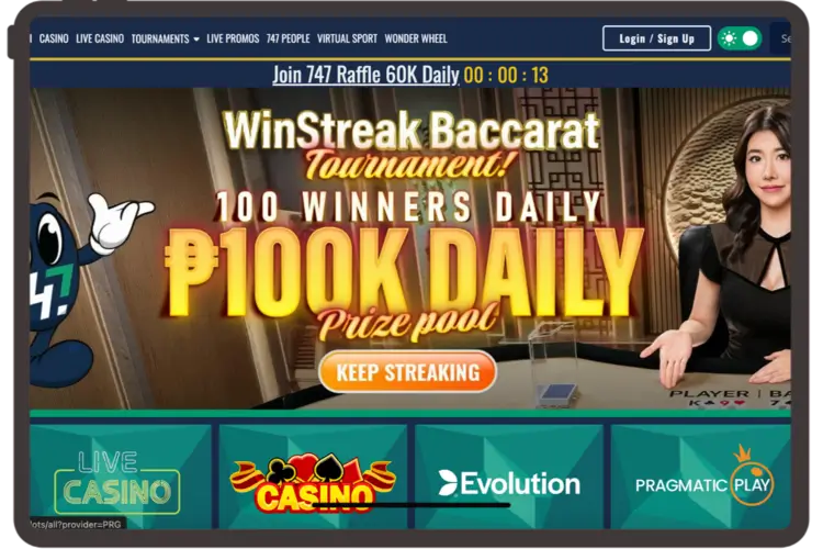 747 Live Casino daily Jackpot of 100k.