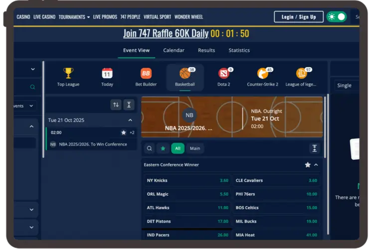 747 Live Casino Sports Betting section.