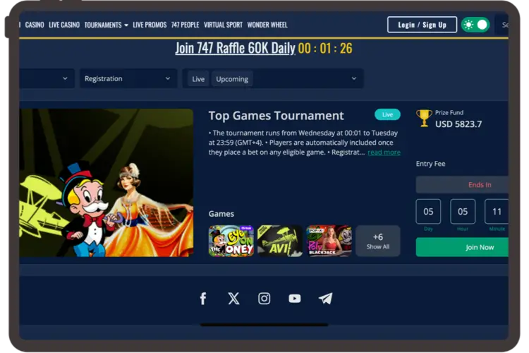 747 Live Casino Tournament for the casino section.