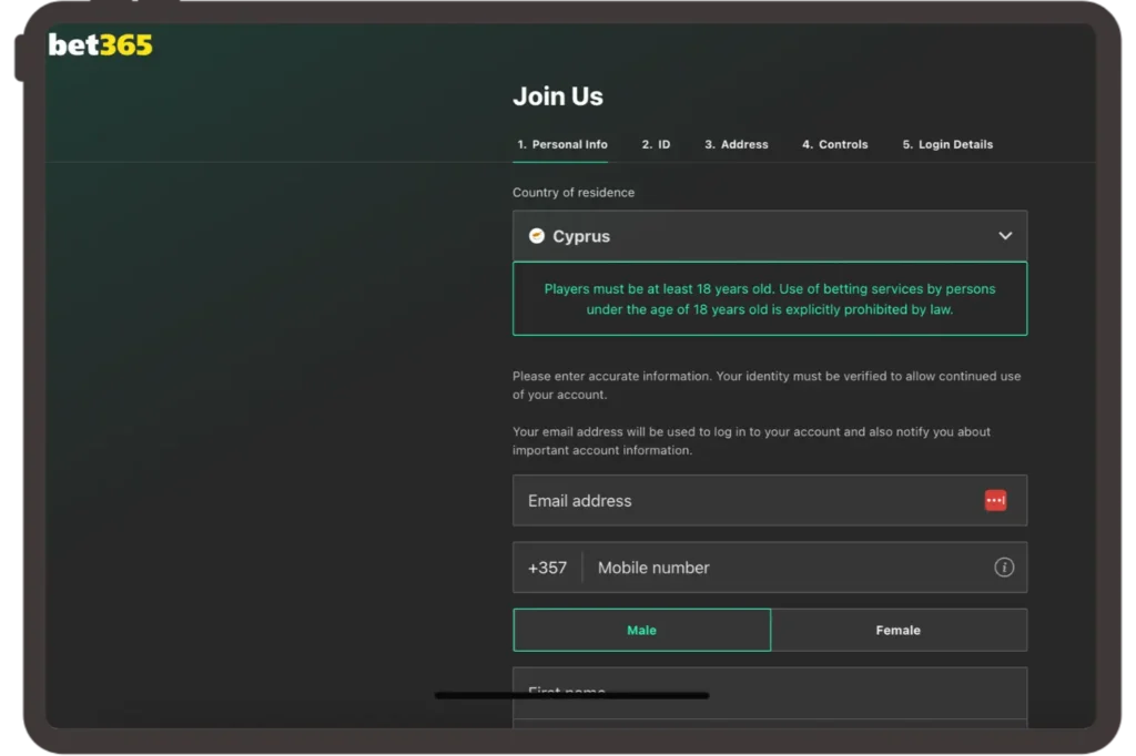 Bet365 Registration Form for Cyprus.