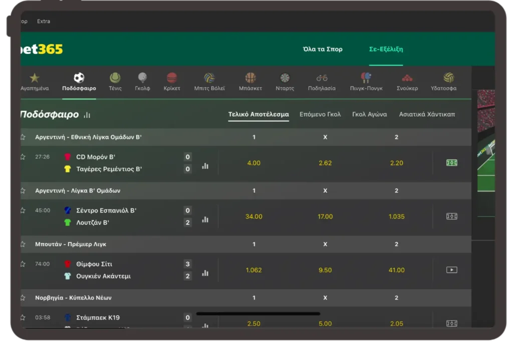 Bet365 Στοιχήματα Ποδοσφαίρου.