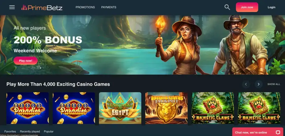 PrimeBetz Casino Website.
