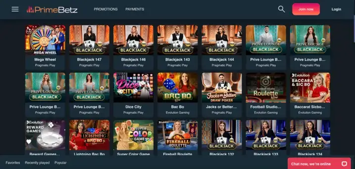 PrimeBetz overview of Live-Games.