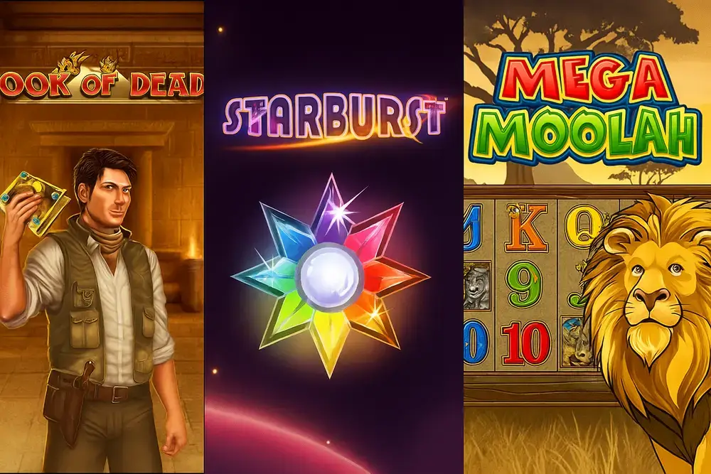 Κολάζ με τα δημοφιλή φρουτάκια Book of Dead, Starburst και Mega Moolah.
