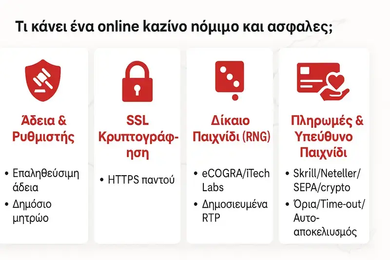 Τι κάνει ένα online καζίνο νόμιμο και ασφαλές (άδεια, SSL, RNG, πληρωμές).