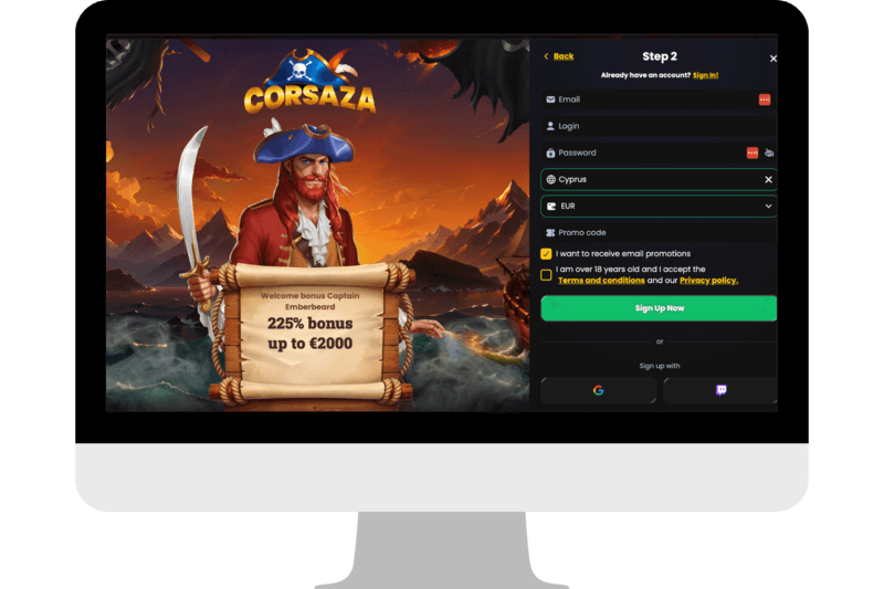Sign Up Form in the Corsaza Casino.