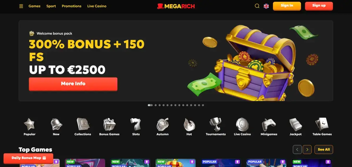 The 300% Bonus offered in the Megarich online Casino.