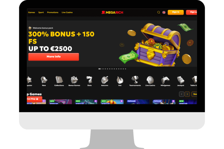 Megarich Casino Welcome Bonus of 300% up to €2500 with 150 Free spins.
