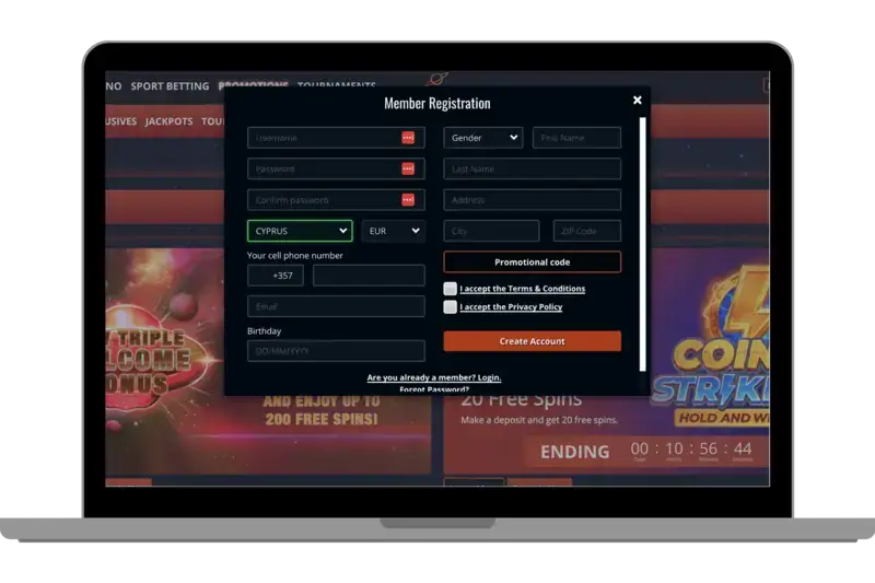 The registration form of the SkyThor online Casino.