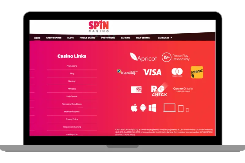 The Footer Menu and Safety Badges for Spin Casino.