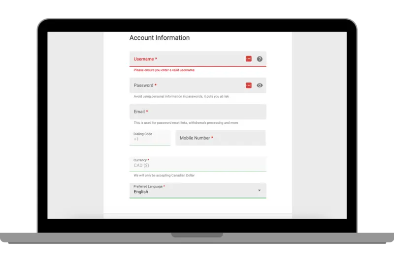 Sign-Up Form at Spin Casino.